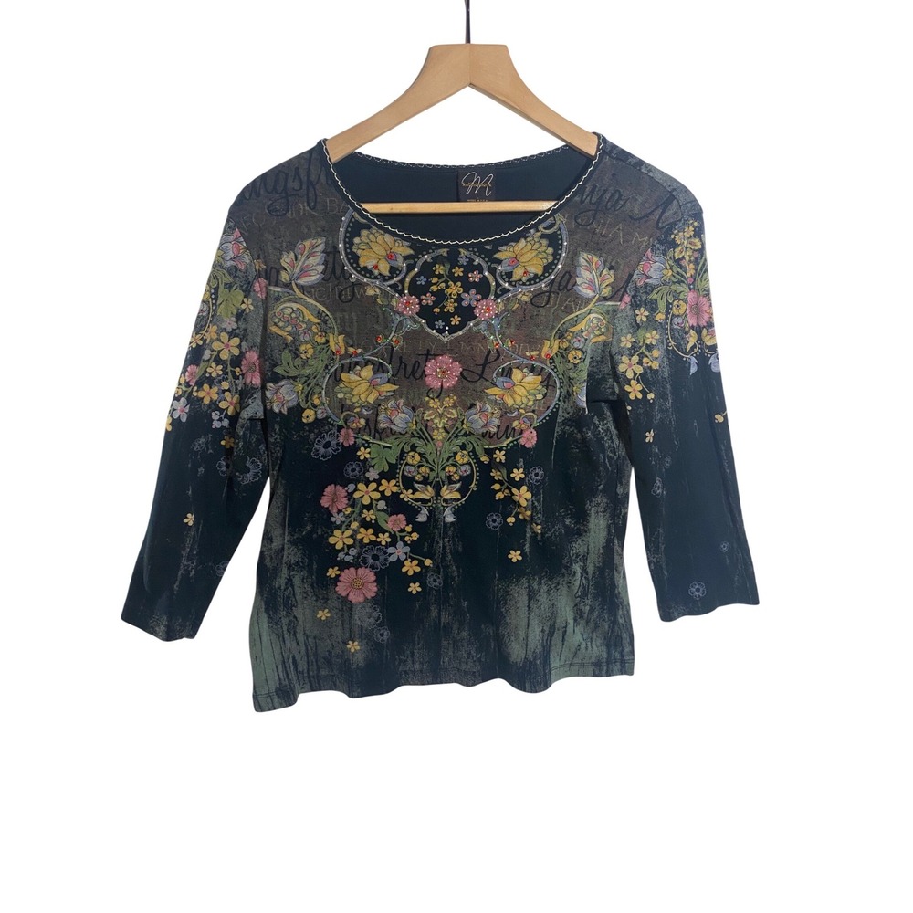 Katina Marie Womens Large Floral Graphic 3/4 Sleeve Top Rhinestone Y2K Black L